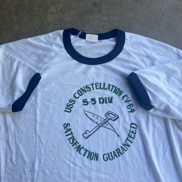 True Vintage Ringer T-shirt 60s 70s uss constellation cv-64 warship army Tee - Picture 1 of 7
